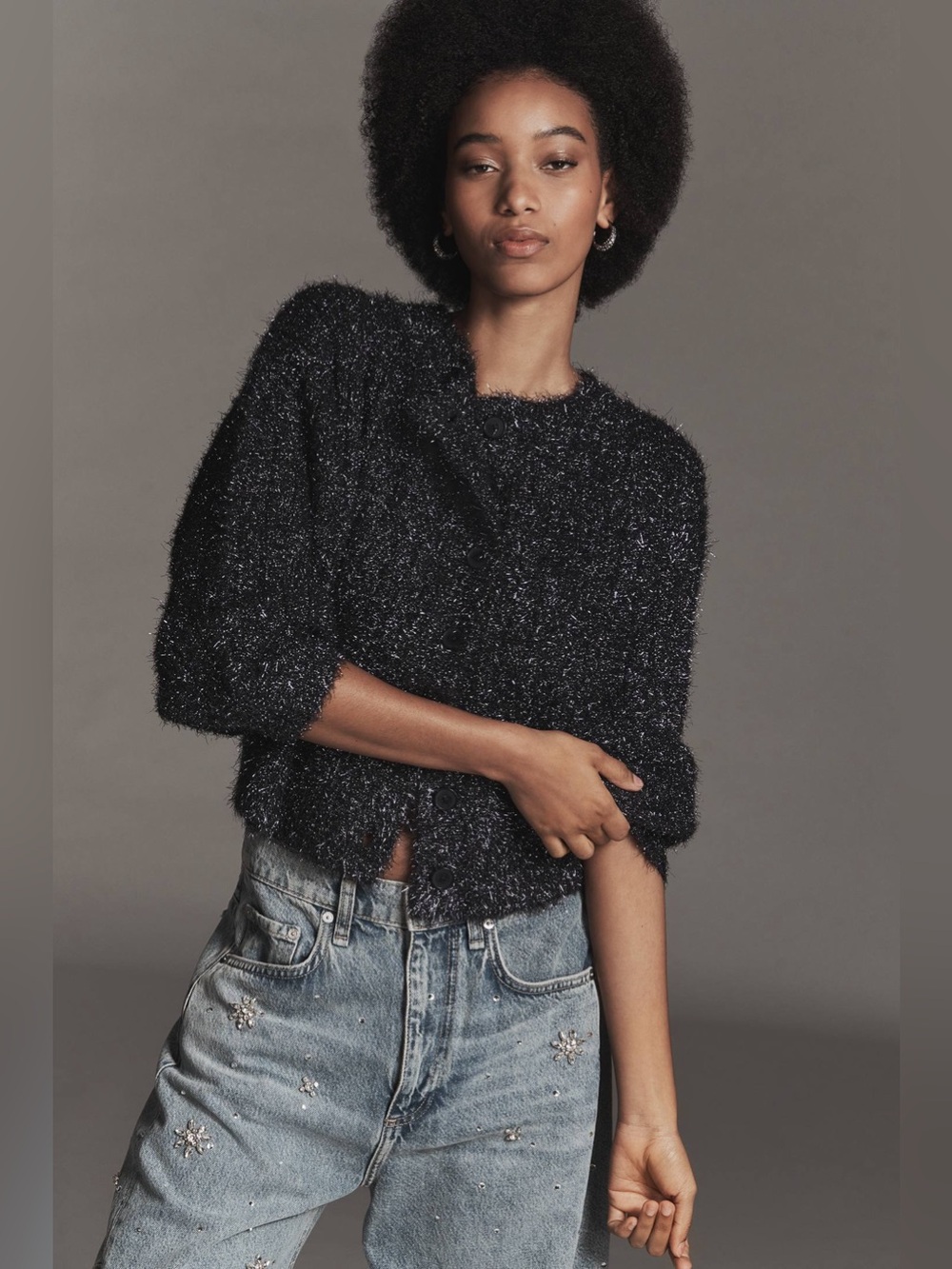 ANTHROPOLOGIE Cropped Button Front Metallic Cardigan Sweater NWT Size Medium